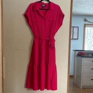 DKNY Vibrant Pink Midi Dress with Tie Belt